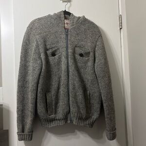 Brown Bison Pure Virgin Wool Gray Men's Sweater with Hood